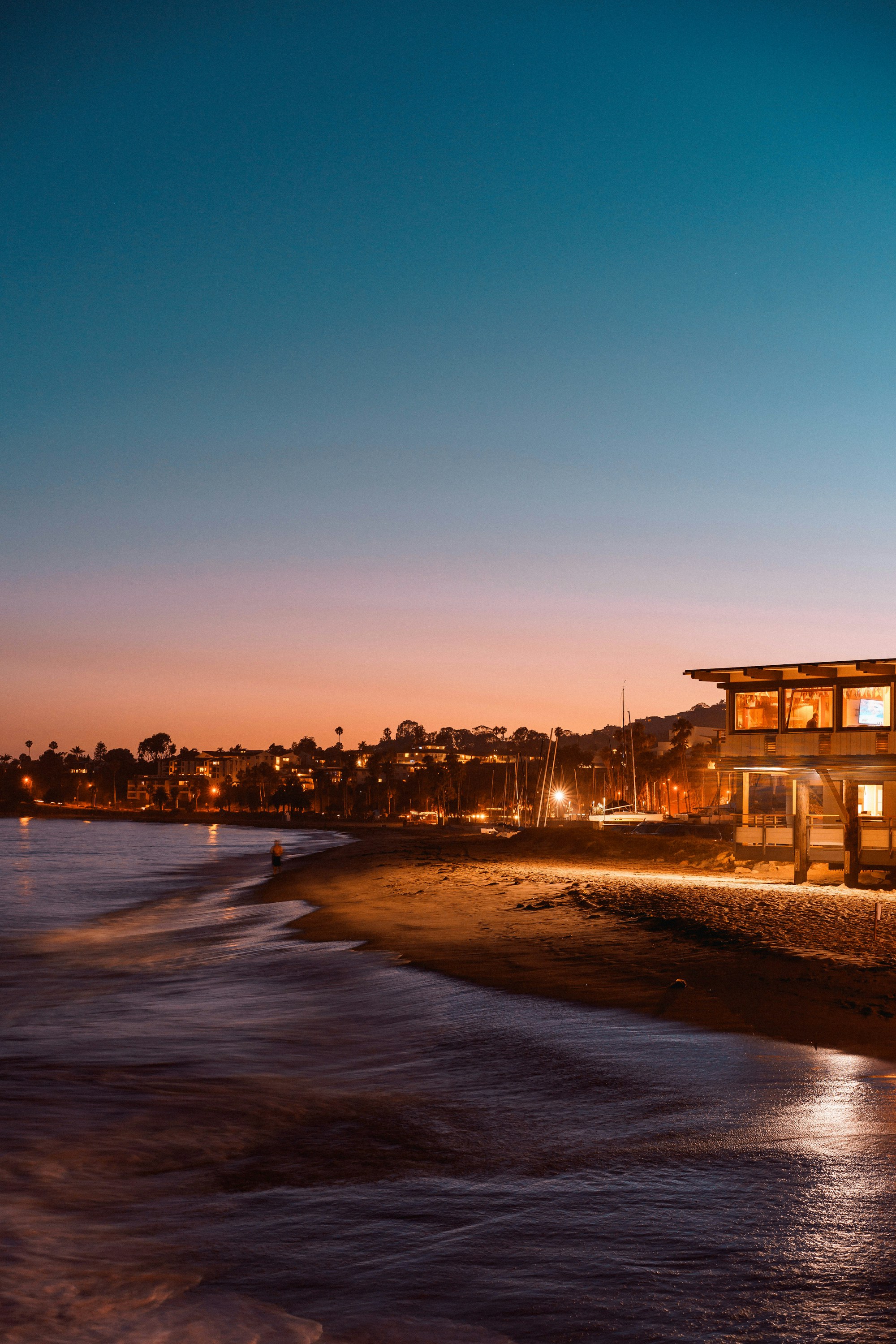 Santa Barbara Harbor glowing at dusk