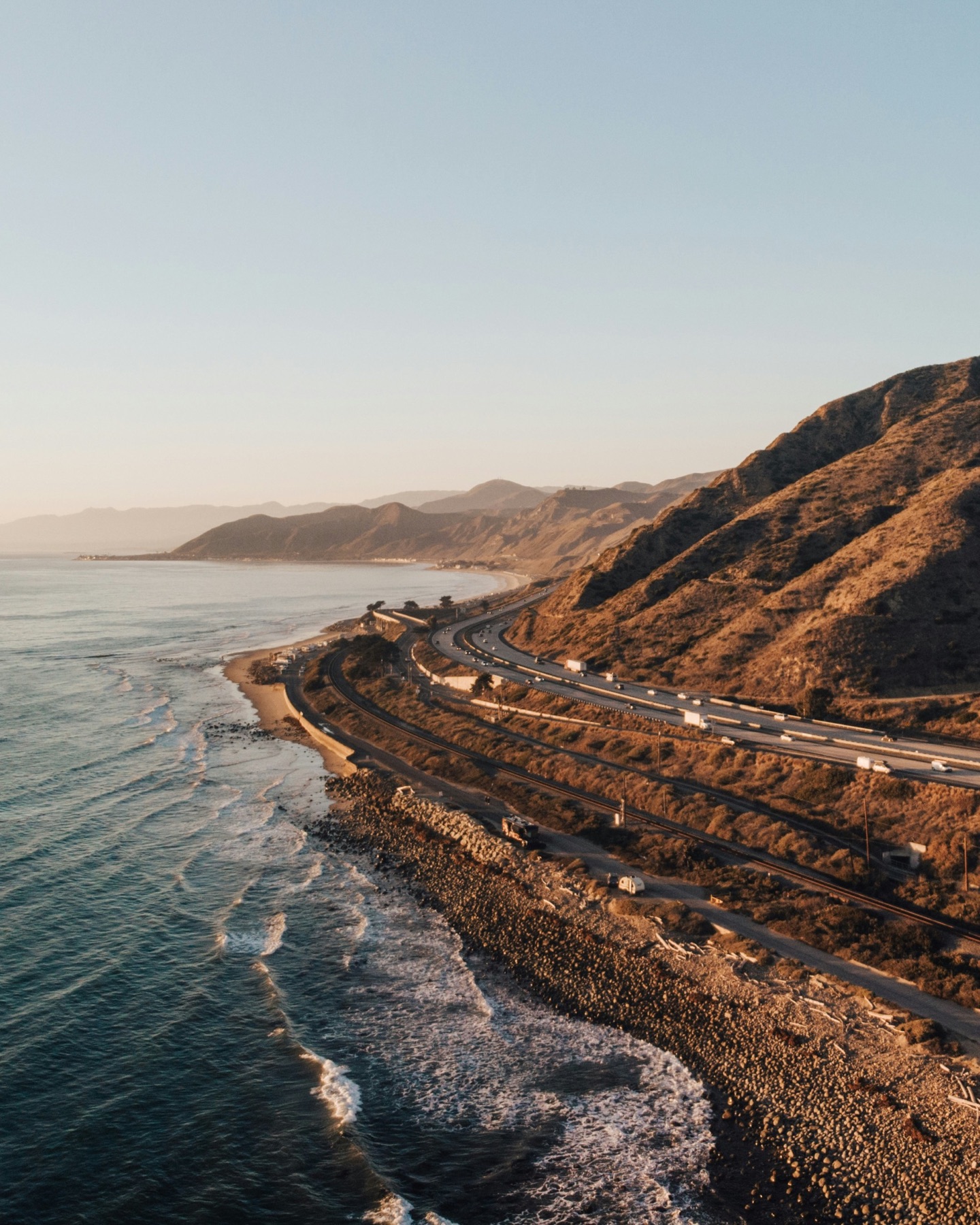 The Ventura coastline, railroad, and Highway 101 winding between the Pacific and coastal hills